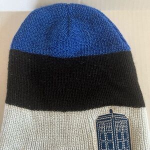 Blue and Black Knit Beanie with TARDIS Design
